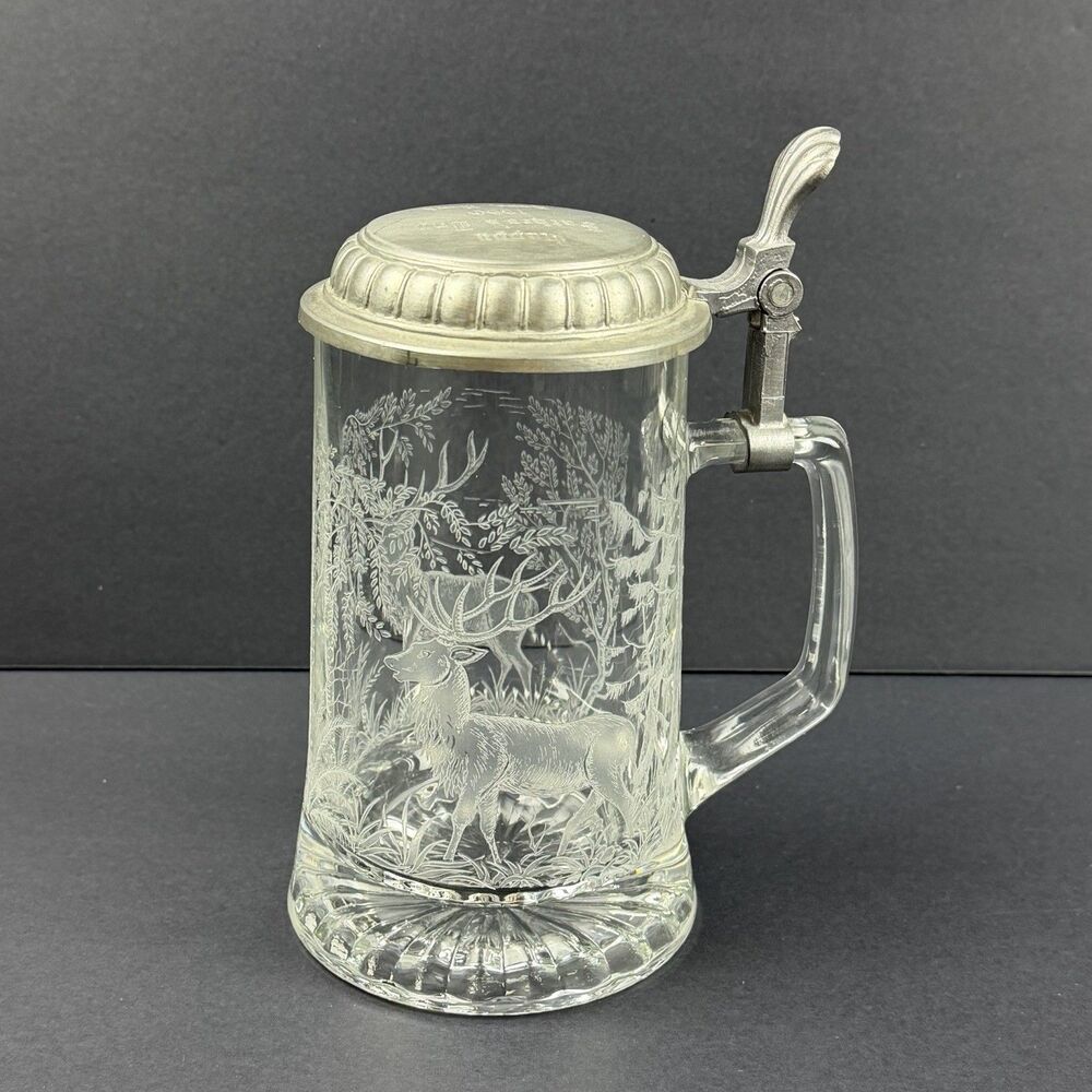 ALWE German Etched Clear Glass Deer Stein Mug Pewter Lid -Father's Day Leah 1990